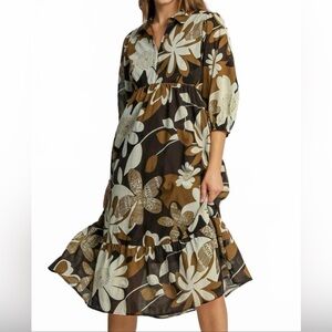Umgee Isabella Floral Tiered Midi Dress Collared Neck In Brown Size Large